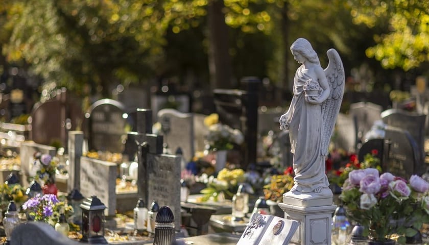 Cmentarz Osobowicki - z prawej strony zdjęcia figura anioła stojącego nad grobem
