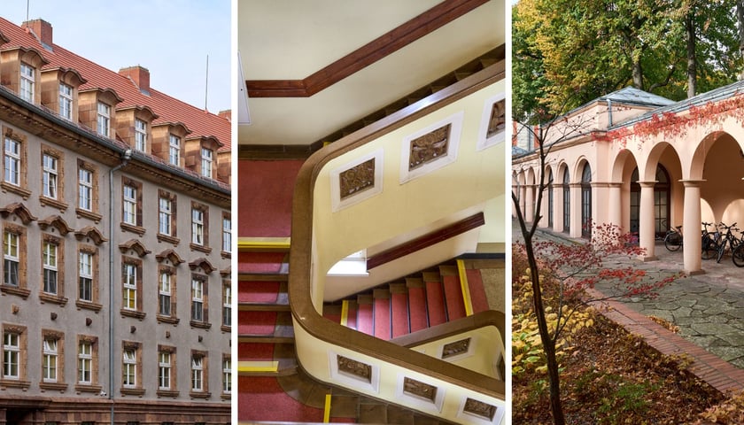 Budynek ZUS  przy ul. Pretficza we Wrocławiu, schody w środku budynku i dzieciniec 