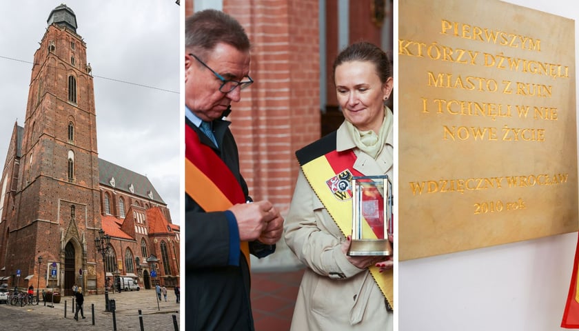 Kolaż trzech zdjęć – bazylika św. Elżbiety, Agnieszka Rybczak, przewodnicząca Rady Miejskiej i radny Jarosław Krauze składają kwiaty i znicze, tablica pamiątkowa w kaplicy rajców 