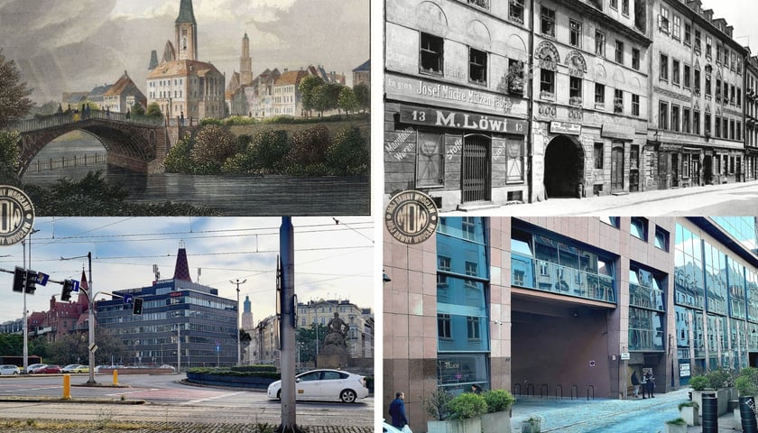 Budynki, ulice, most i samochód. Plac Jana Pawła II i  ul. Św. Antoniego we Wrocławiu na zdjęciach porównawczych