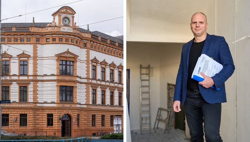 Z lewej gmach główny Akademii Muzycznej im. Karola Lipińskiego przy pl. Jana Pawła II, obok Jacek Pawlikowski, zastępca kanclerza tej uczelni