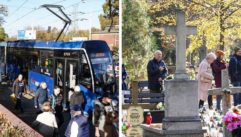 Po lewej: pasażerowie przed tramwajem E1 na Oporów, po prawej: krzyż nagrobny, za nim osoby na cmentarzu Osobowickim