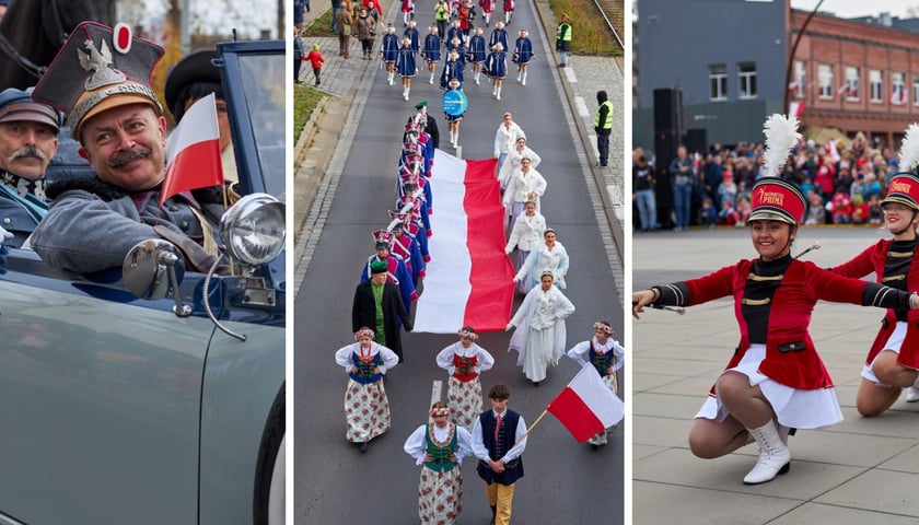 Radosna Parada Niepodległości 2022. Kolaż 3 zdjęć: z lewej dwaj mężczyźni w historycznych strojach wojskowych, m.in. marszałka Piłsudskiego, obok orszak z flagą Polski, z prawej dwie mażoretki.