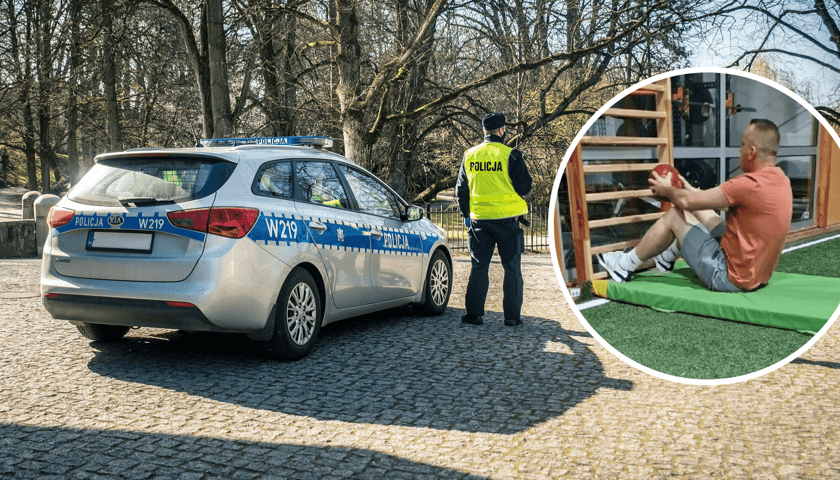 Policjant i radiowóz (widok od tyłu). Na zdjęciu w kółeczku mężczyzna wykonuje jedno z ćwiczeń, jakie będą na policyjnym teście 