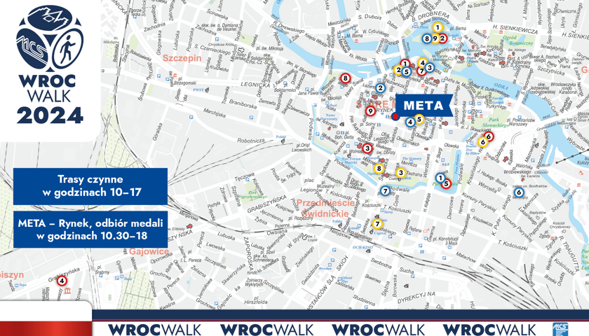 Mapa z punktami trzech tras WrocWalk 2024