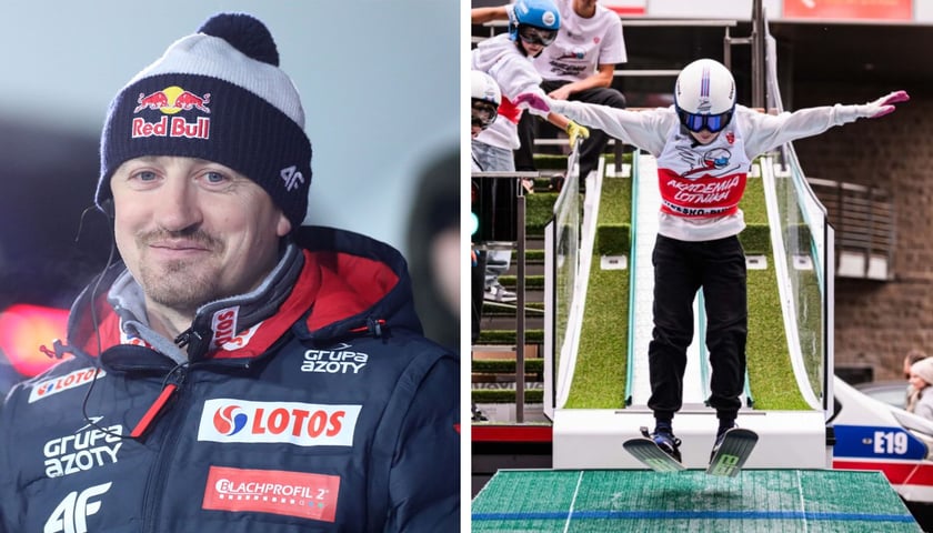 Adam Małysz w kurtce zimowej i czapce / młoda osoba na mobilnej skoczni narciarskiej