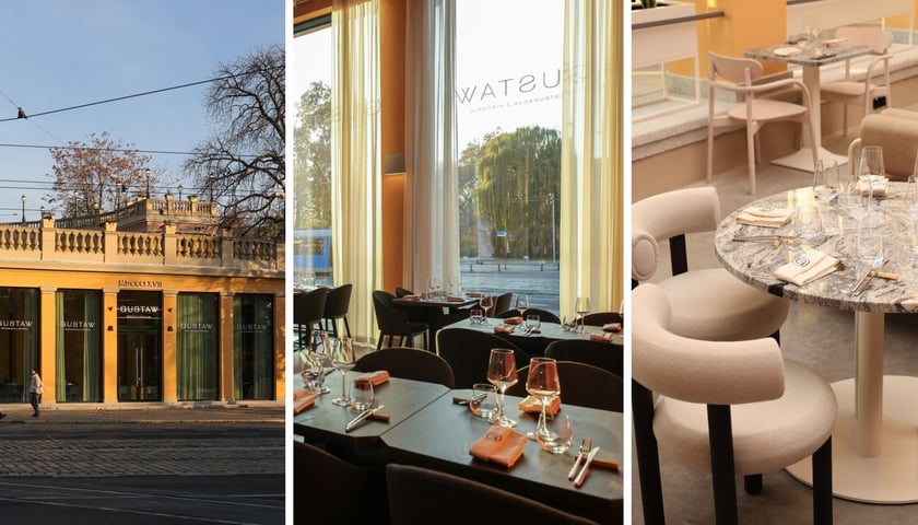 Kolaż 3 zdjęć: na pierwszym Restauracja Gustaw z zewnątrz, obok wnętrza 