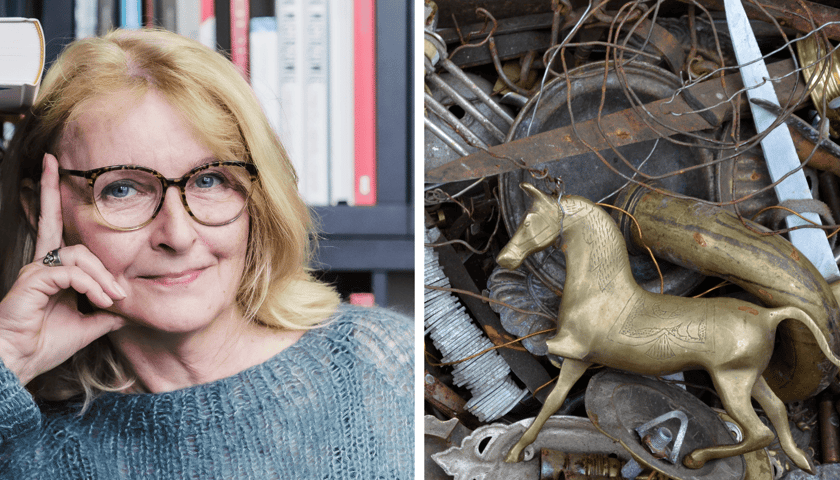 Kolaż dwóch zdjęć. Z lewej Marta Hożewska, autorka książki Miejsce Życzliwe. Rzecz o Targu pod Młynem Sułkowice, z prawej  skarby, które można znaleźć na targu