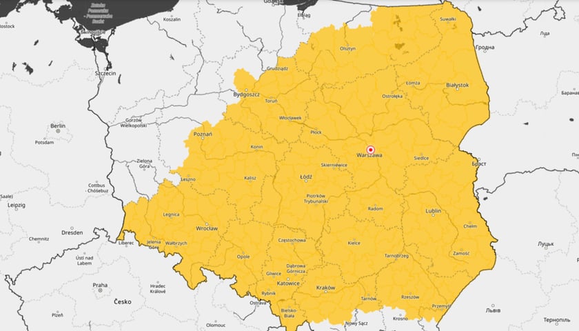 Ostrzeżenie meteorologiczne na noc z 12 na13 listopada 2024, mapa zasięgu.