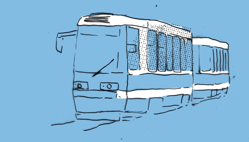 Motyw tramwaju na niebieskim tle. Grafika ilustracyjna.