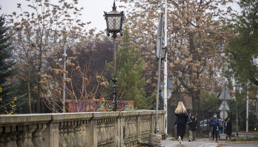 Balustrada mostu Oławskiego ze stalową, czarną latarnią; w tle widać idącą kobietę (13 listopada 2024)