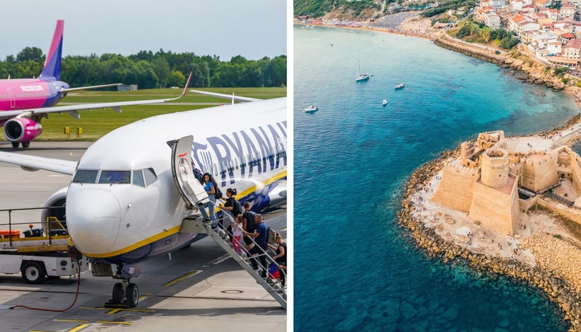Po lewej: pasażerowie wsiadający do samolotu linii Ryanair, po prawej: wybrzeże, woda, łódki