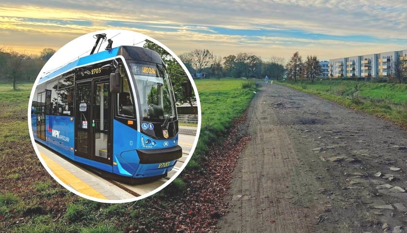 Nowa trasa tramwajowa prowadzić będzie przez Krzyki i Klecinę. Duże zdjęcie przedstawia miejsce, przez które przebiegać ma wariant II. Na małym: tramwaj MPK Wrocław 