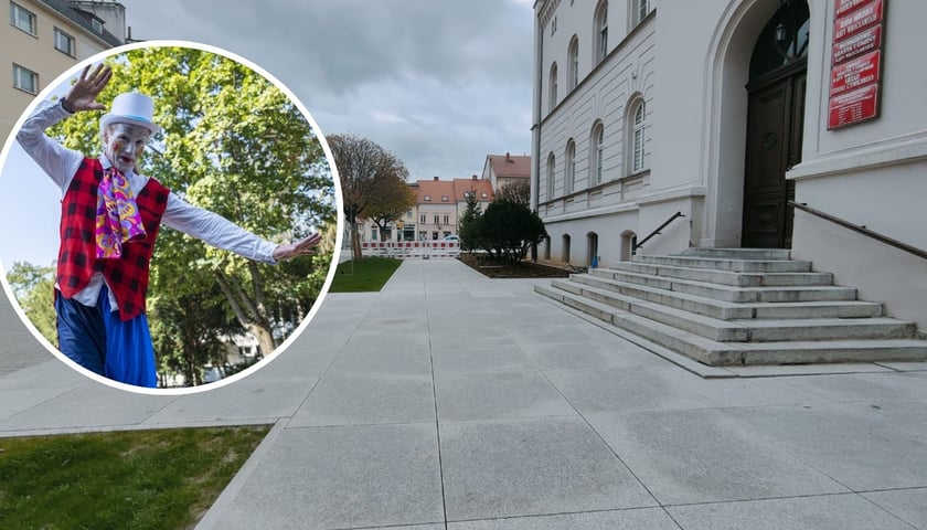 W owalu szczudlarz z pomalowaną twarzą (zdjęcie ilustracyjne), na dużym zdjęciu fragment zrewitalizowanego Rynku w Kątach Wrocławskich