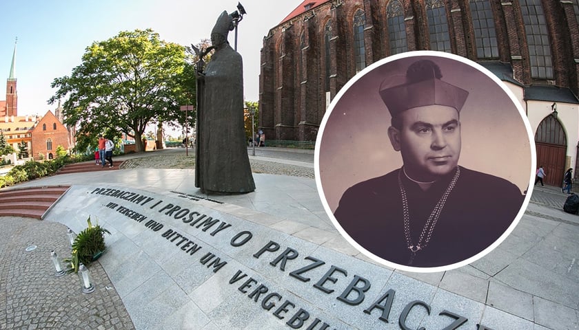 Pomnik kard. Bolesława Kominka i jego portret (zdjęcie z konferencji nadania imienia tramwajowi)