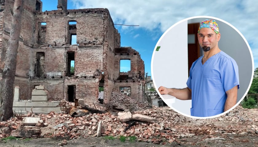 Na dużym zdjęciu zniszczone w wojennych działaniach budynki w Iziumie, w kółku dr n. med. Ahmed Elsaftawy z Trzebnicy  