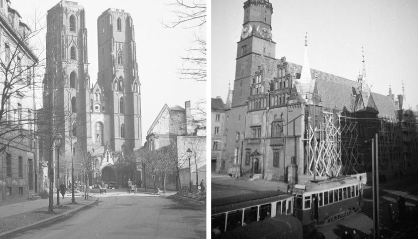 Wrocław w roku 1950 - po lewej widok na katedrę, po prawej - ratusz w Rynku 