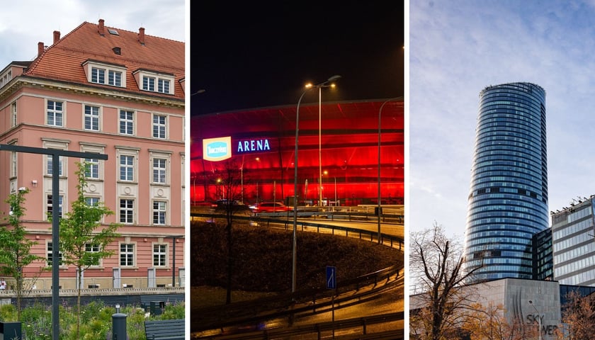 Od lewej budynek Urzędu Miejskiego Wrocławia na Nowym Targu, obok Tarczyński Arena po zmroku i Sky Tower. M.in. te budynki rozświetlą się na czerwono.