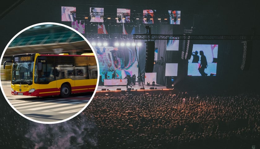 W tle: koncert w Hali Stulecia, w kółku: autobus, zdjęcia ilustracyjne