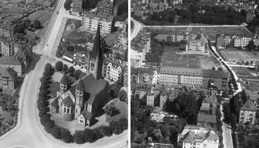 Zdjęcie lotnicze Wrocławia, lata 30. XX w. widać kościół św. Karola Boromeusza i Gajowice