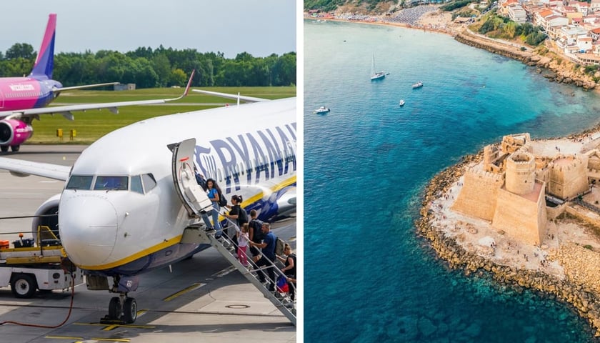 ліворуч: пасажири на борту літака Ryanair, праворуч: берег, вода, човни