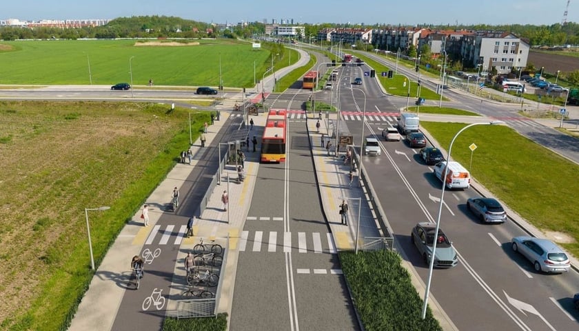 Na wizualizacji widać buspas na Jagodno na odcinku przy skrzyżowaniu z Lutosławskiego 