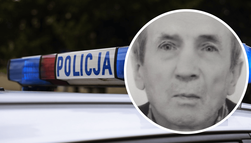 Na zdjęciu w kółeczku - zaginiony mężczyzna. Na zdjęciu głównym, policyjny "kogut" i napis "policja"