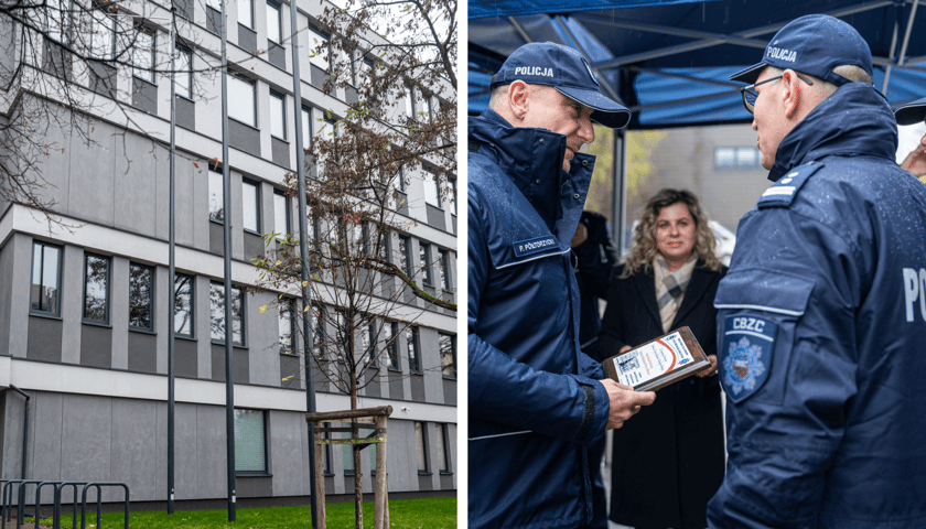 Z lewej budynek nowego komisariatu policji Wrocław - Stare Miasto, obok policjanci podczas uroczystego otwarcia 