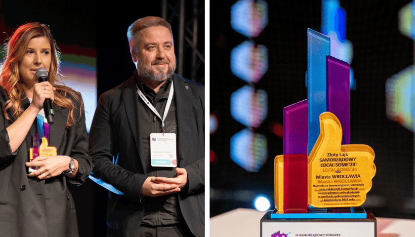 Od lewej Marlena Mazur, dyrektor Biura Komunikacji Internetowej Miasta Wrocław, obok Radosław Michalski, dyrektor Departamentu Marki Miasta UMW, obok statuetka Złotego Lajka dla Wrocławia.