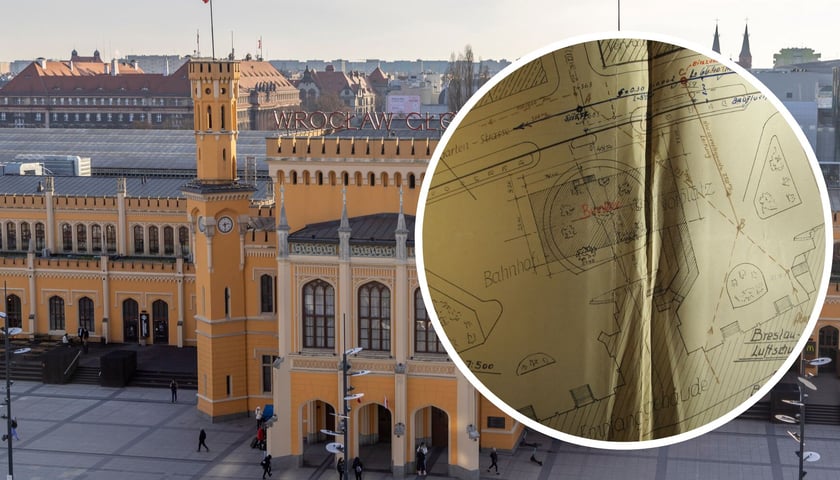 W tle budynek dworca Wrocław Główny, w kółku fragment planu bunkra pod dworcem