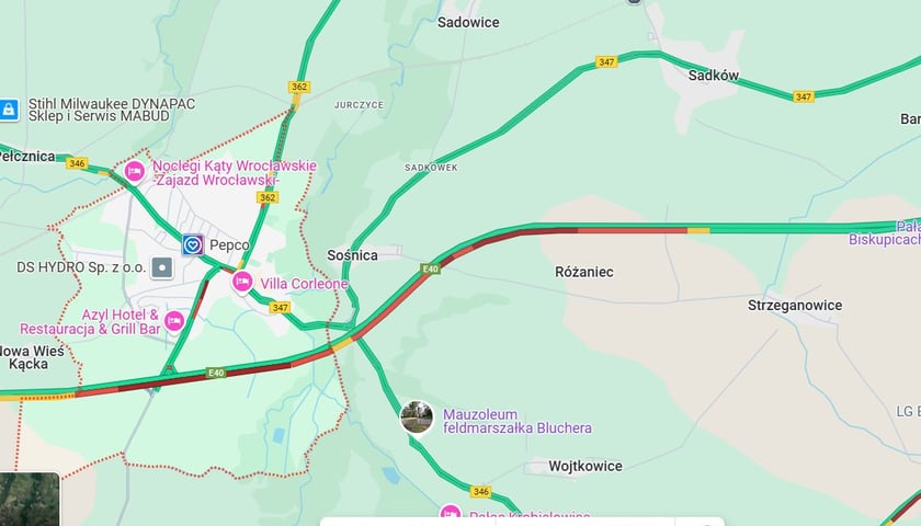 Korek na A4 między węzłami Kąty Wrocławskie - Pietrzykowice. Stan na godz. 13.30