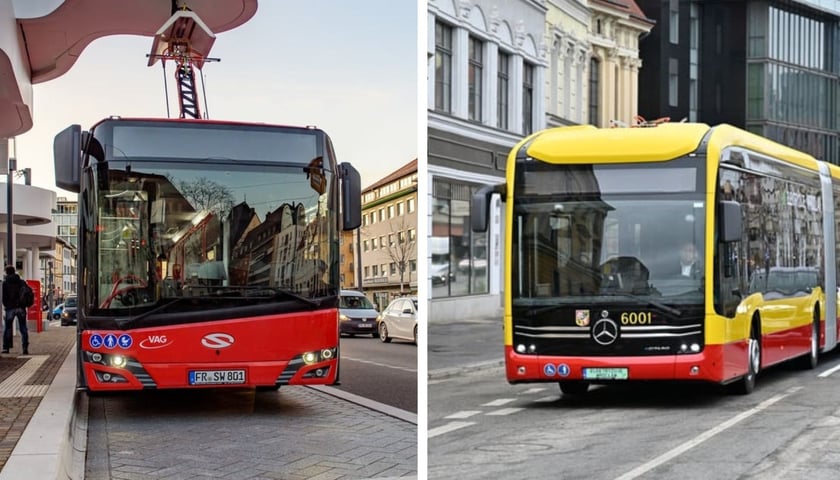 Zdjęcia autobusów elektrycznych: na lewym zdjęciu Solaris Urbino electric (takie autobusy zakupi MPK Wrocław), a na prawym Mercedes-Benz eCitaro należący do MPK Wrocław 