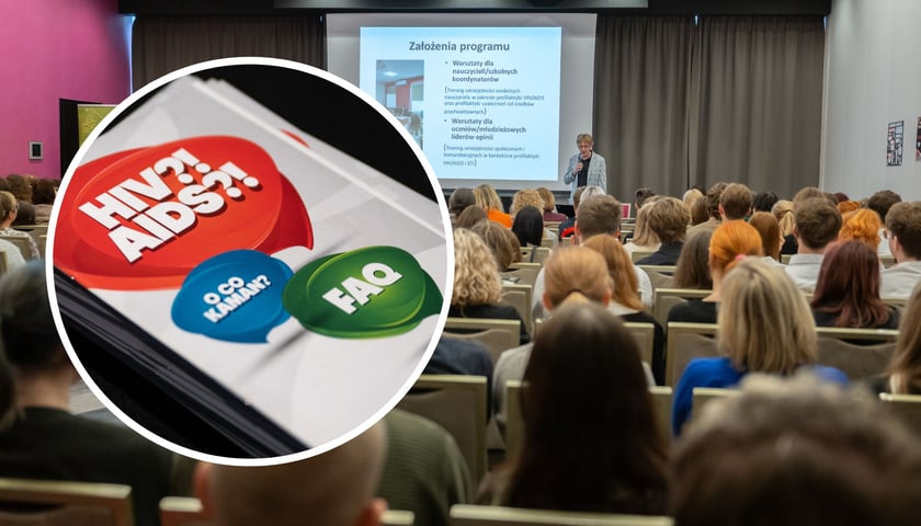 Dziś, 28 listopada, podczas konferencji wroc.win.with.hiv podsumowano efekty projektów profilaktycznych. Na dużym zdjęciu uczestnicy w sali konferencyjnej, na małym jedna z ulotek kampanii  