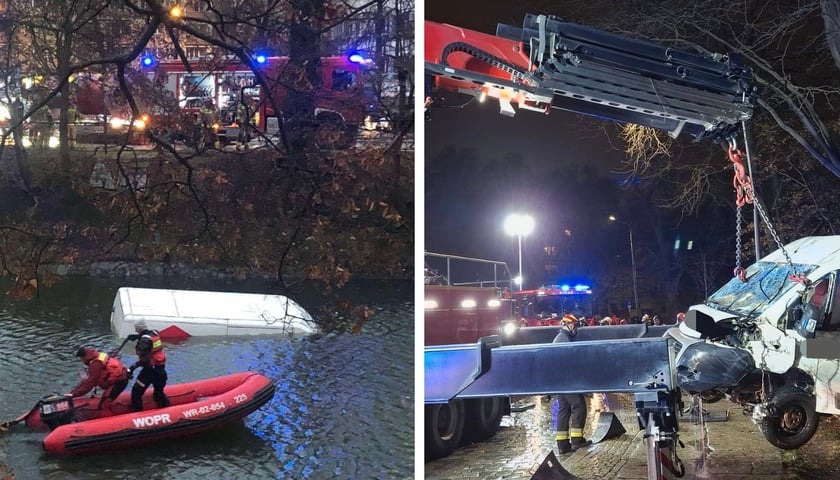 Wypadek przy Podwalu - do fosy wpadł bus. Z lewej ratownicy WOPR oraz wystający znad wody biały dach samochodu, obok akcja strażaków i wielki dźwig, który wyciągnął z wody auto. 