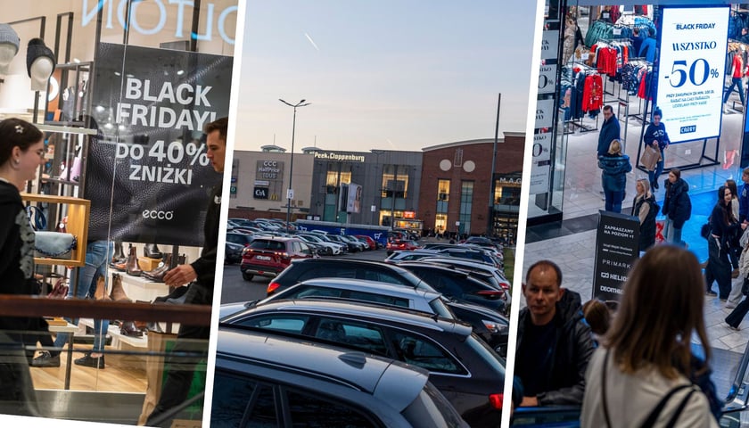 Kobiety i mężczyźni w galerii handlowej, parking pełen samochodów, 30 listopada, Wrocław