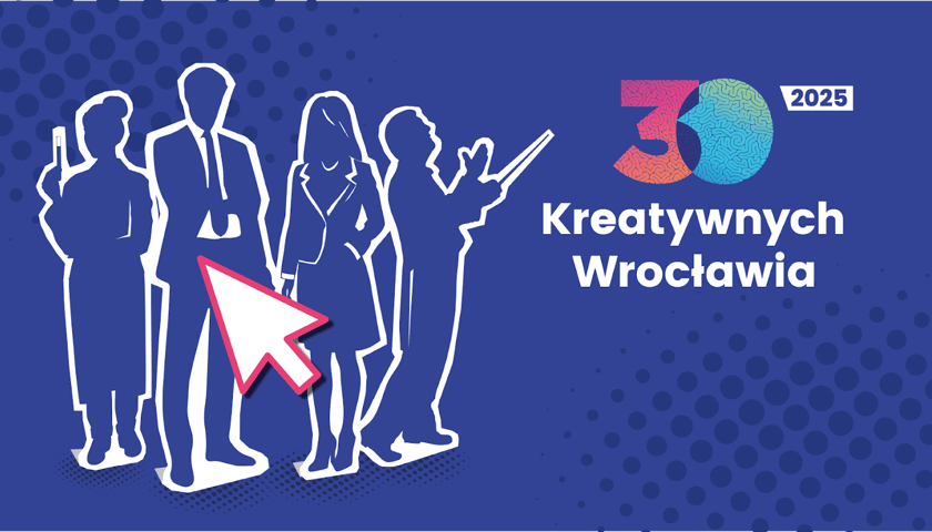 Grafika z napisem "30 Kreatywnych Wrocławia 2025". Z lewej zarysowane kształty 4 postaci
