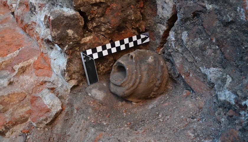 Kamienna głowa o funkcji wspornika, znaleziona podczas prac archeologicznych w pałacu Hatzfeldów.