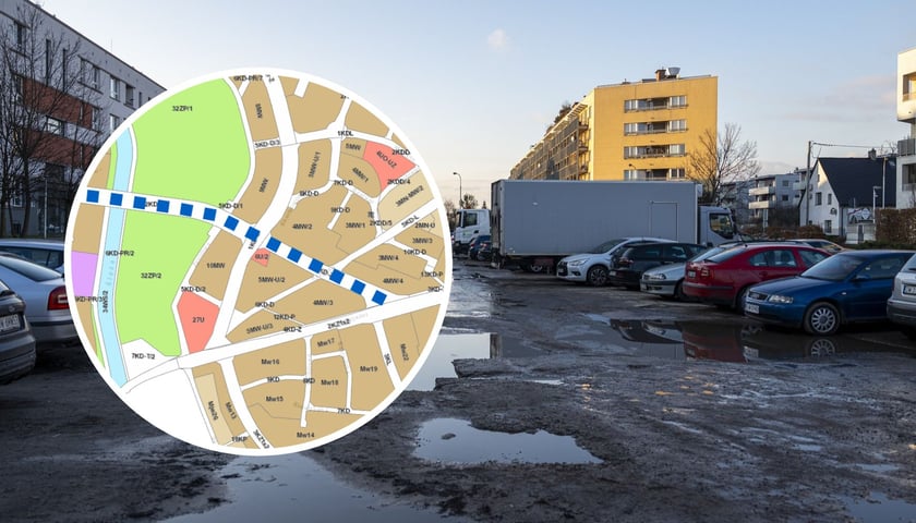 Nowa trasa tramwajowa prowadzić będzie przez Krzyki i Klecinę na Oporów. Duże zdjęcie przedstawia miejsce, przez które przebiegać ma wariant I. Na małym fragment mapy z widoczną rezerwą pozostawiana pod budowę torowiska 