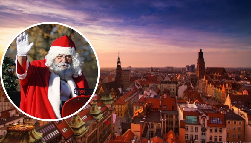 Na zdjęciu dużym panorama centrum Wrocławia, na zdjęciu małym św. Mikołaj