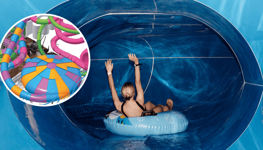 Zjeżdżalnia w Aquapark Wrocław. Na dużym zdjęciu - kobieta na pontonie w zjeżdżalni. Na zdjęciu w kółeczku - wizualizacja nowej zjeżdżalni