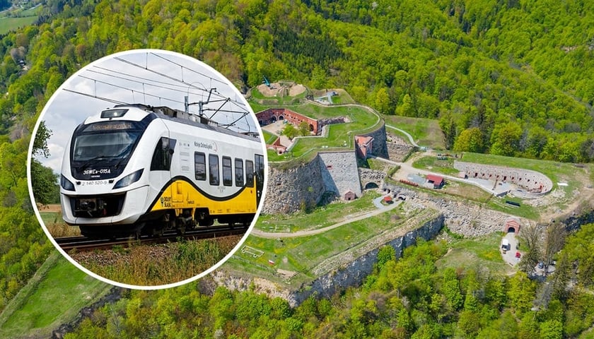 Вид на фортецю в Сребрній Ґурі, в овалі - автомотриса Нижньосілезької залізниці