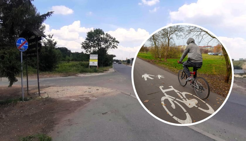 Jadąc rowerem z Zabrodzia (gmina Kąty Wrocławskie) drogą rowerową dojedziemy tylko do granicy z Wrocławiem. Tu kończy się droga rowerowa. Zostanie przedłużona do ul. Kwiatkowskiego. Na zdjęciu w tle granice gmin i znak koniec drogi pieszo-rowerowej. Na zdjęciu w kółku rowerzysta