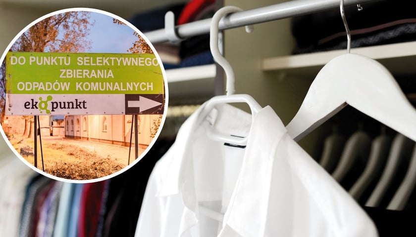W tle biała koszula na wieszaku, z lewej w kółku tablica z napisem: "Do punktu selektywnego zbierania odpadów komunalnych. Ekopunkt"