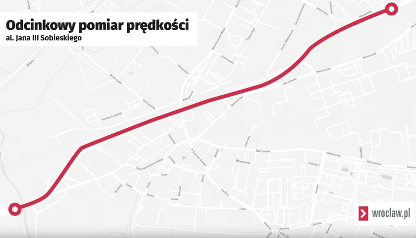Mapa, na której zaznaczony jest odcinek na al. Sobieskiego, gdzie działa odcinkowy pomiar prędkości