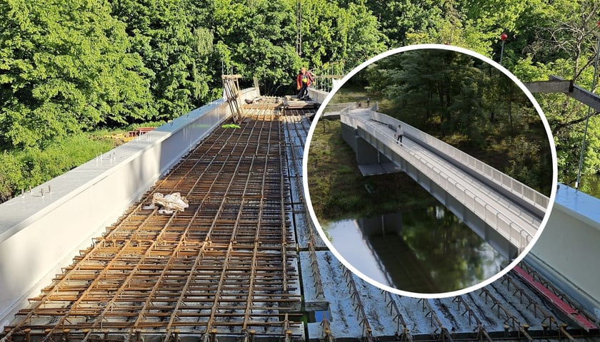 Konstrukcja kładki nad Widawą przygotowywana jest do betonowania (duże zdjęcie). Na małym wizualizacja kładki 
