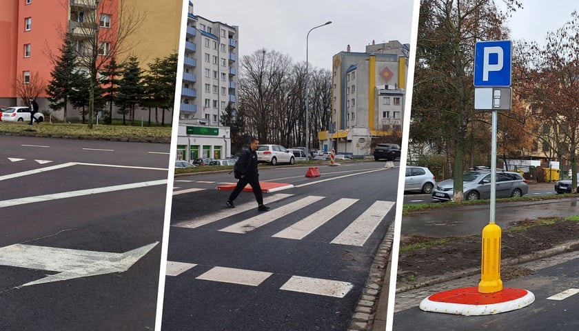 Fragmenty trzech ulic po remoncie: Balonowa, Kozanowska i Racławicka; widać bloki i pieszego przechodzącego pasami