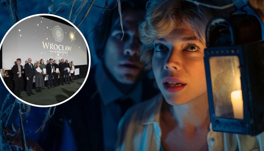 Na dużym zdjęciu aktorzy w spocie reklamowym Wrocław Miasto Przygody, na małym zdjęciu uhonorowani podczas gali podsumowania kampanii turystycznej 