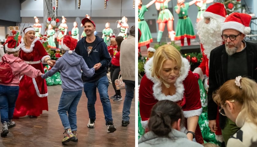 Uczestnicy akcji Paczki Dobrych Relacji na Tarczyński Arenie. Zestawienie dwóch zdjęć, z lewej 4 osoby tańczące