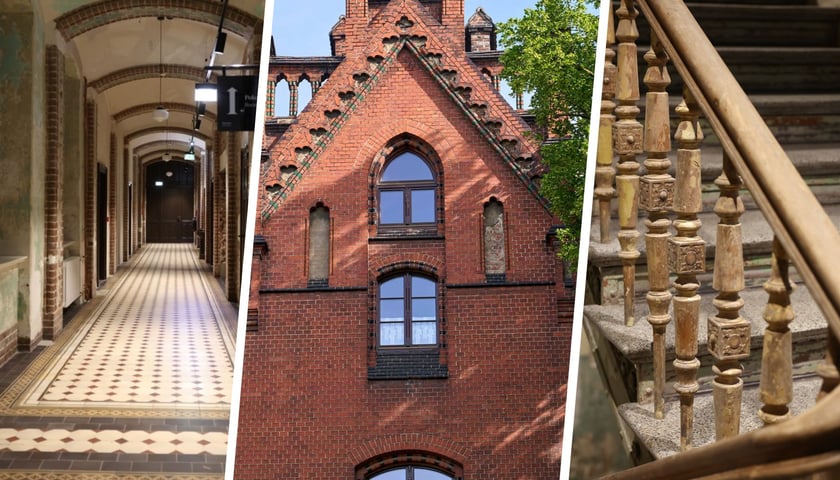 Zestawienie trzech zdjęć hotelu Arche Klasztor Wrocław: korytarz, fragment ceglanej elewacji, drewniany balustrada na klatce schodowej