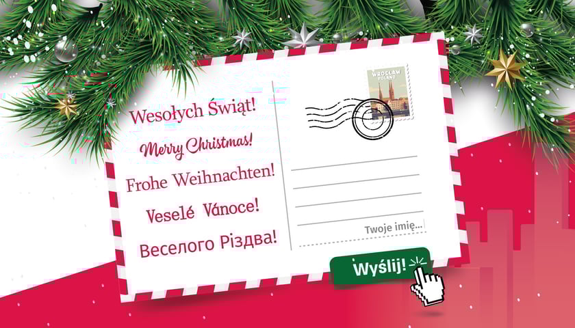 Grafika przedstawiająca kartkę świąteczną z napisem "Wesołych Świat" po polsku, angielski, niemiecku i czesku